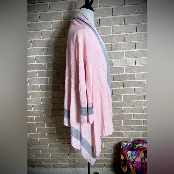 GARNET HILL Pink and Gray 100% Linen Knit Open Front Waterfall Cardigan - Picture 3 of 5